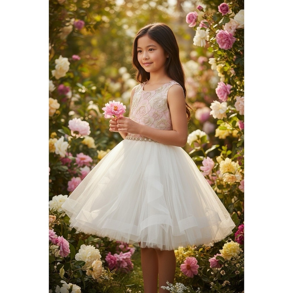 NWOT Couture Princess Girl 10 Pink Gold Flower Girl Tiered Tulle Dress Wedding